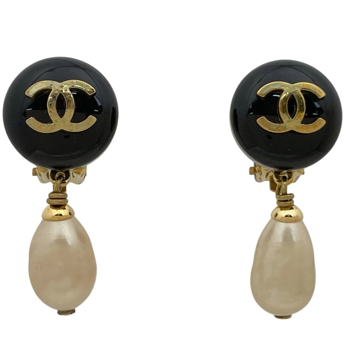 Chanel Coco Mark Faux Pearl Dangle Earrings, GP Plastic, Gold, Black, Women's: --- Catalog ---Category: SizeStone Size (HxW): 1.50mm x 3.70mm / 0.06'' x 0.15''Category: DesignColor: Black, GoldGender: WomenCategory: GeneralBrand: Chanel--- Item List ---Section: ConditionRanking: