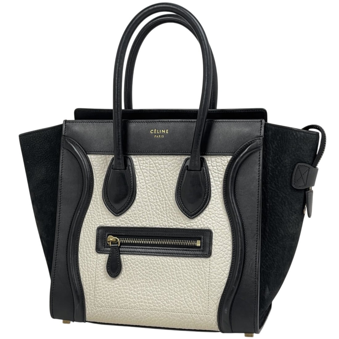 Celine Luggage Micro Shopper Bicolor Tote Bag Handbag Leather Black White: --- Catalog ---Category: SizeSize (HxWxD): 26cm x 26cm x 13cm / 10.23'' x 10.23'' x 5.11''Category: DesignType: Handbag, Tote bagColor: Black, WhiteGender: WomenMaterial: Leather Outer Pocket: Zipper