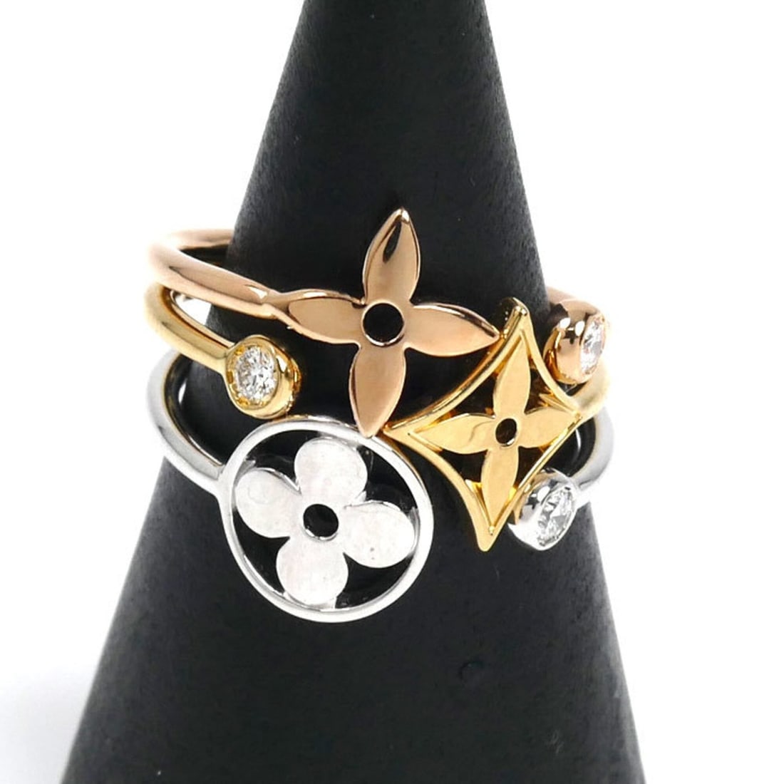 LOUIS VUITTON Louis Vuitton 18K Yellow Gold Pink White Bague Monogram Idylle Diamond Ring Q9F15C 49: --- Catalog ---Category: SizeUS Size: 5Brand Size: 49Category: DesignType: Band ringStone: DiamondGender: WomenMaterial: Pink gold (18K), White gold (18K), Yellow gold (18K)Category: GeneralMPN: Q9F15