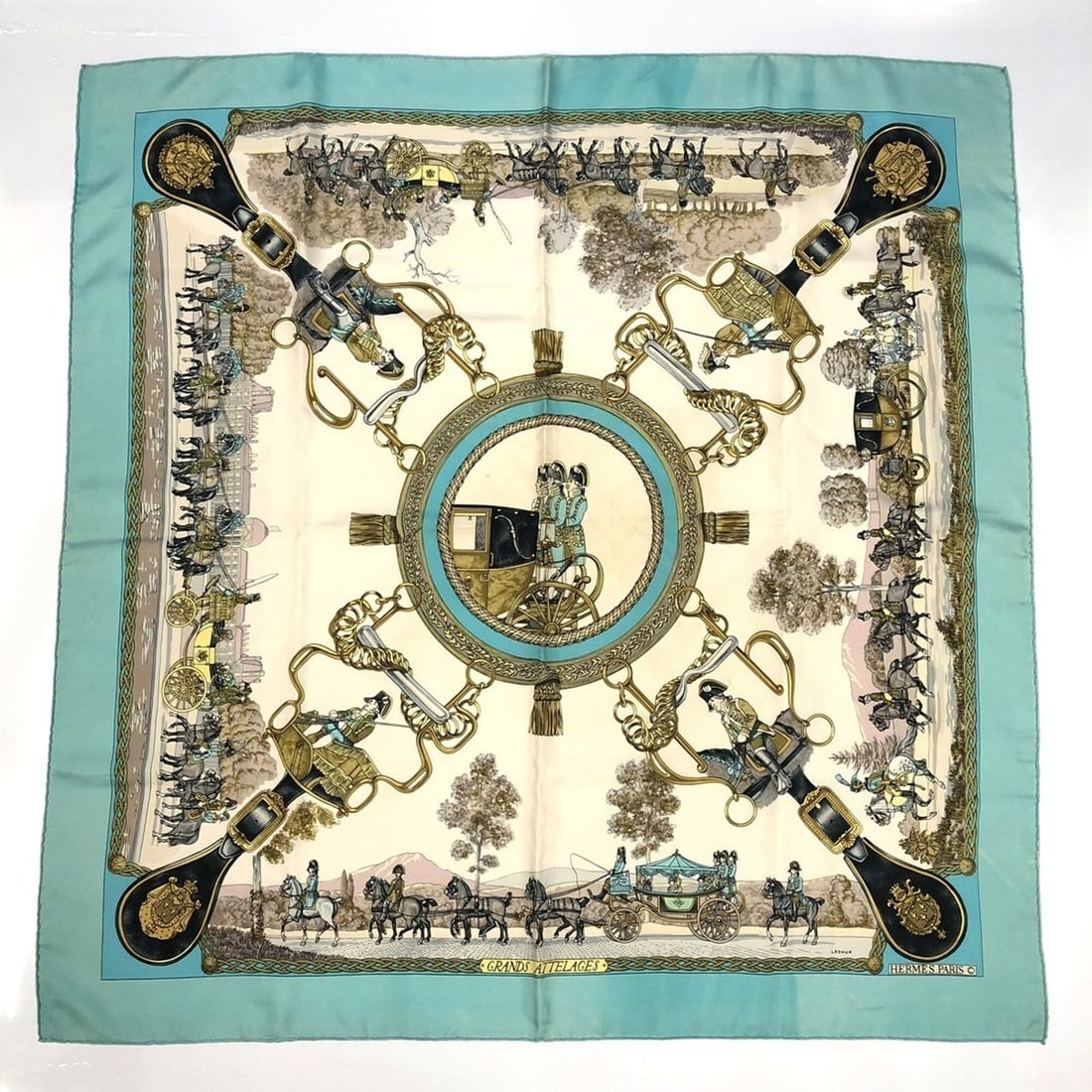 HERMES Carre 90 GRANDS ATTELAGES (Horses in Attire) Silk Scarf/Muffler, Green, Women's: --- Catalog ---Category: SizeSize (LxW): 89cm x 88cm / 35.03'' x 34.64''Category: DesignType: ScarfColor: GreenGender: WomenMaterial: Silk Category: GeneralBrand: HermesCountry of Origin: France--- It