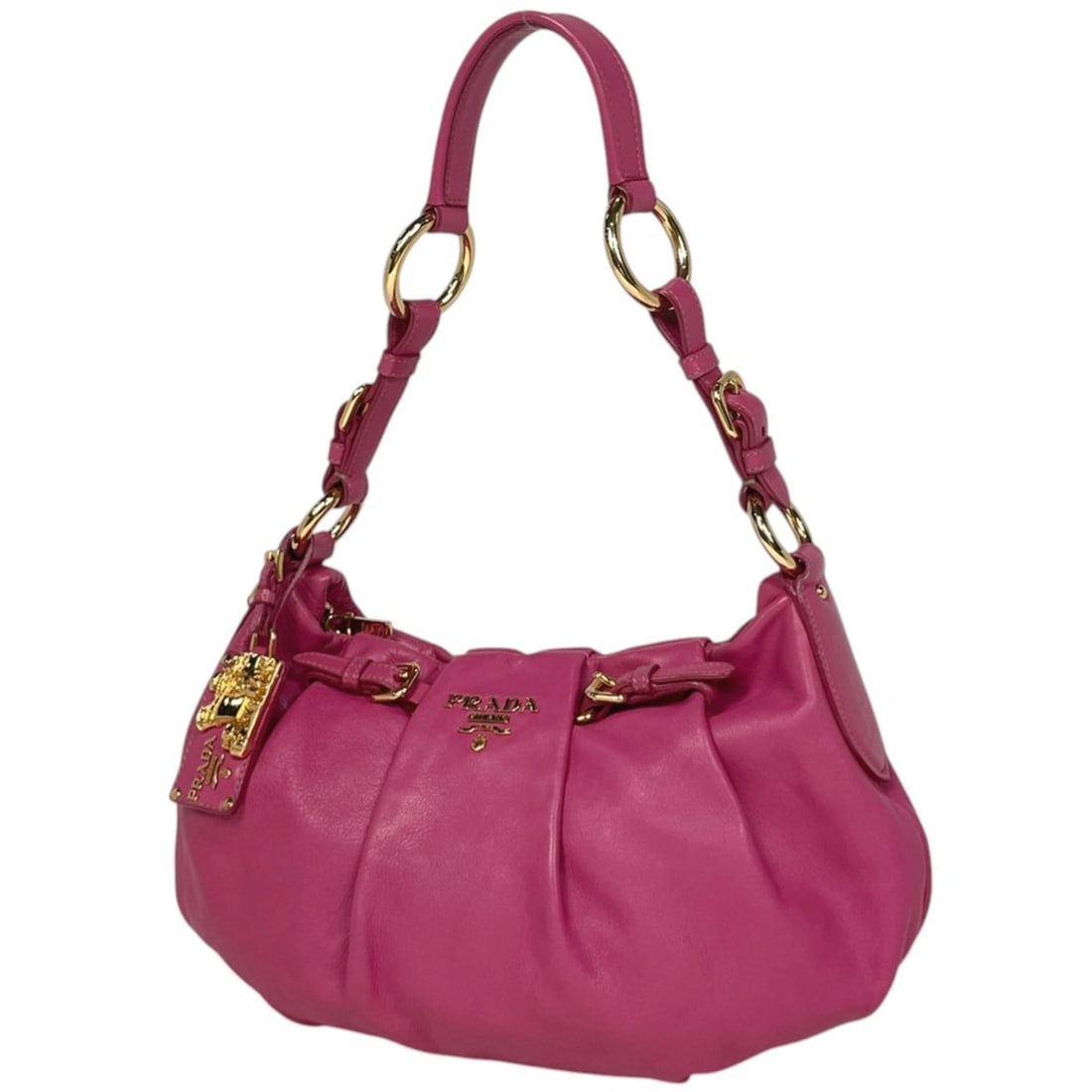 Prada PRADA Logo Handbag, Gathered Leather Pink, Women's: --- Catalog ---Category: SizeSize (HxWxD): 21.5cm x 35cm x 7cm / 8.46'' x 13.77'' x 2.75''Category: DesignType: HandbagColor: PinkGender: WomenMaterial: Leather Category: GeneralBrand: Prada--- Item L