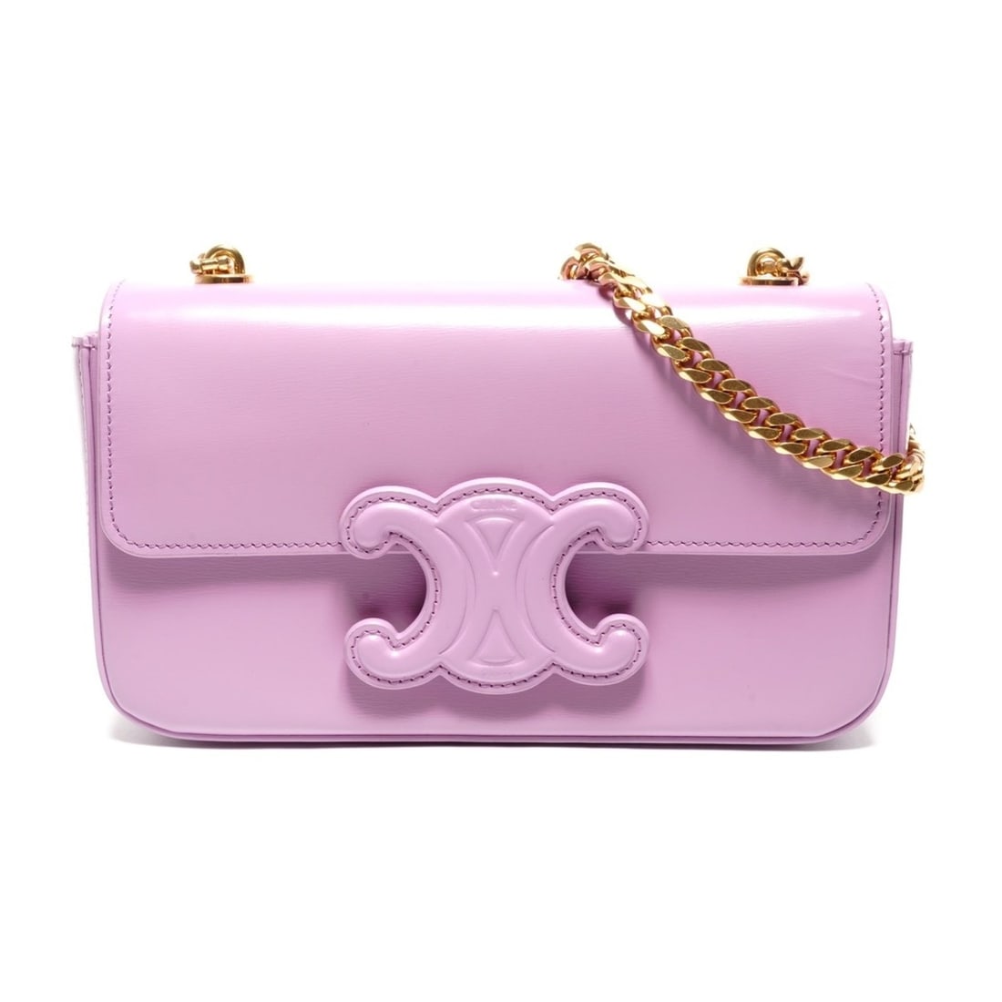 Celine Triomphe Chain Shoulder Bag, Shiny Calfskin, Pink: --- Catalog ---Category: SizeSize (HxWxD): 11cm x 20cm x 4cm / 4.33'' x 7.87'' x 1.57''Strap Length: 52cm / 20.47''Category: DesignType: Shoulder bagColor: PinkGender: WomenMaterial: Leather Leather/F