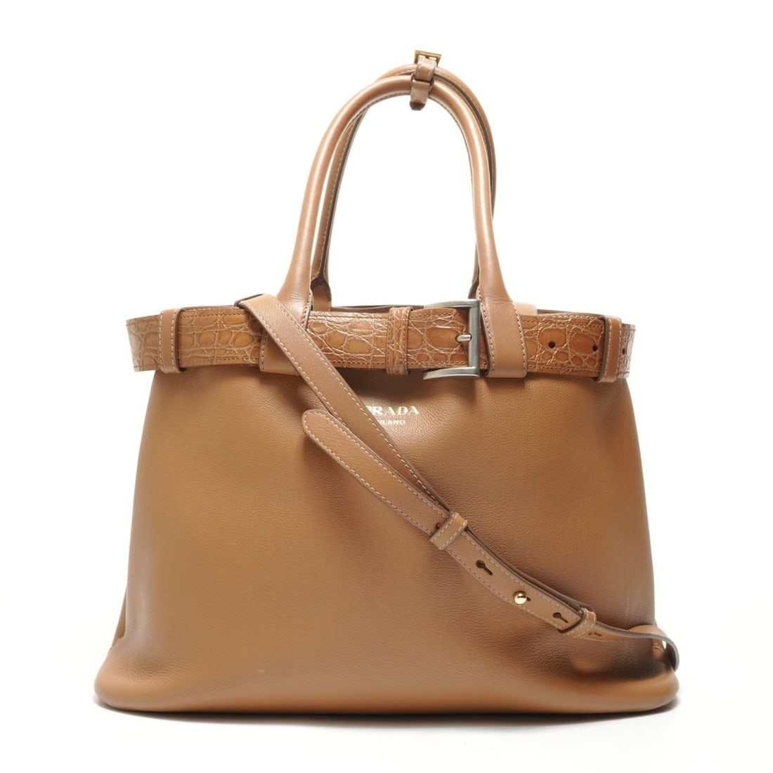 Prada leather handbag with buckle, brown. (1 of 16)