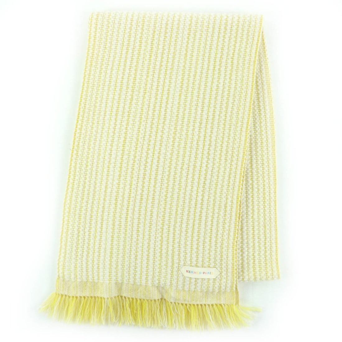 HERMES 100% Cashmere Wavy Double-Faced Knit Scarf with Fringe, Large Size, Yellow, Women's: --- Catalog ---Category: SizeSize (LxW): 1.88m x 29cm / 74.01'' x 11.41''Category: DesignType: StoleColor: YellowGender: WomenMaterial: Cashmere 100%Category: GeneralBrand: Hermes--- Item List ---Sect