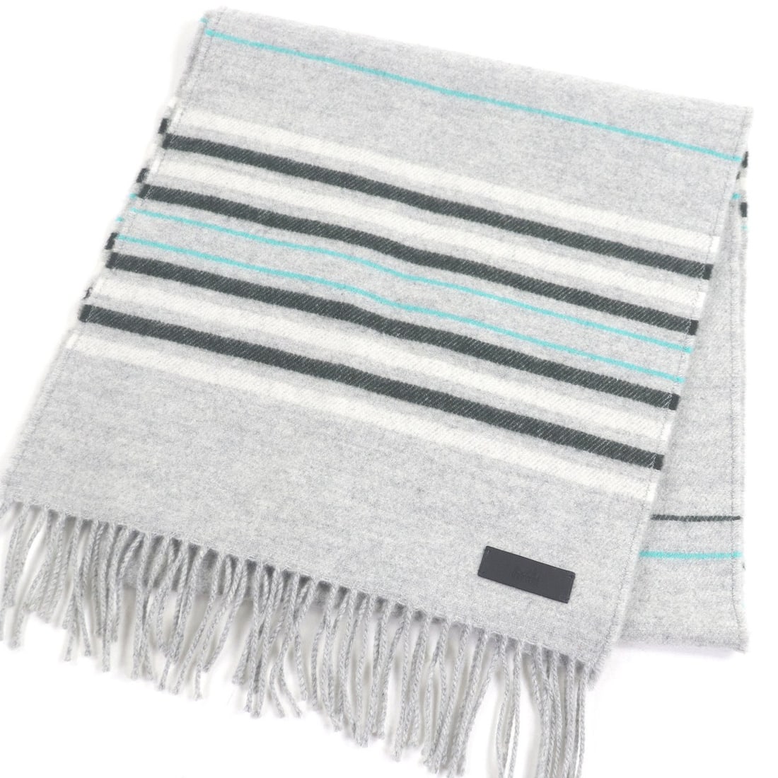 HERMES 100% Cashmere Logo Leather Patch Neo Rocabar Border Fringe Scarf Shawl Light Gray Made in (1 of 11)