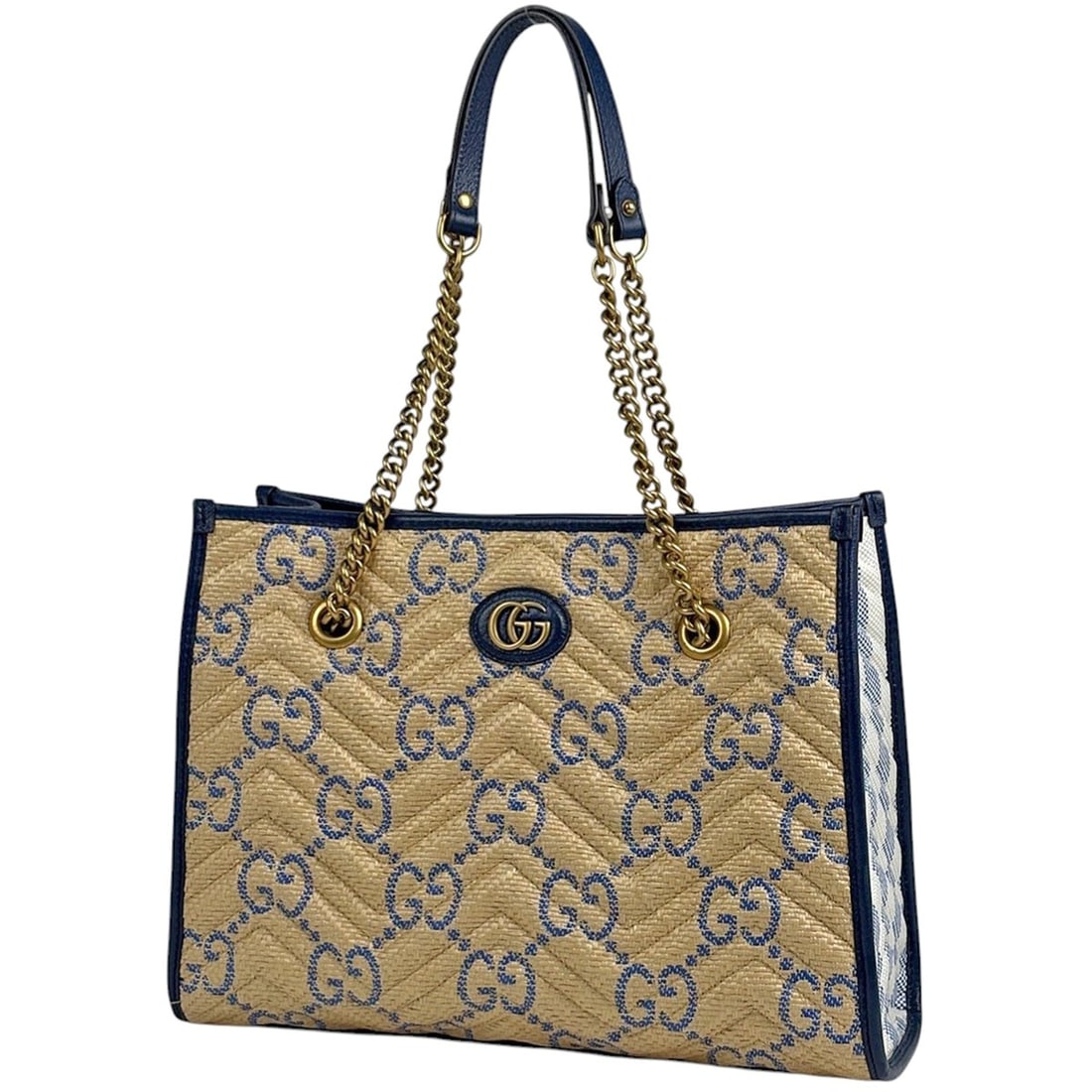 Gucci GG Marmont Chain Tote Bag, Pattern Shoulder Fabric, Beige/Navy, 675796, Women's: --- Catalog ---Category: SizeSize (HxWxD): 26cm x 34.5cm x 13cm / 10.23'' x 13.58'' x 5.11''Category: DesignType: Shoulder bag, Tote bagColor: Beige, NavyGender: WomenMaterial: Fabric , Leather Catego