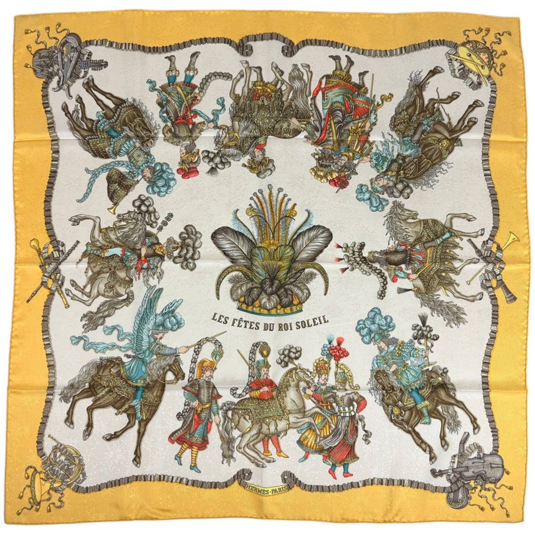 Hermes Carre 90 "Les Fetes du Roi Soleil" (Celebration of the Sun King) Silk Scarf/Shawl, Yellow: --- Catalog ---Category: SizeSize (LxW): 89cm x 88cm / 35.03'' x 34.64''Category: DesignType: ScarfColor: Multi-color, YellowGender: WomenMaterial: Silver Category: GeneralBrand: Hermes--- Item List -
