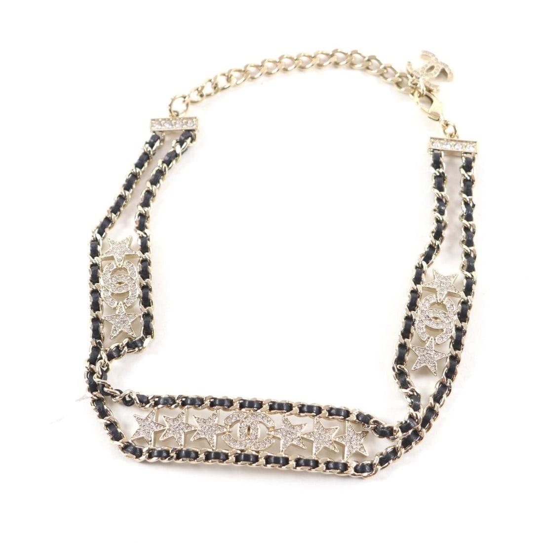 CHANEL B23C AB9808 Coco Mark Star Rhinestone Leather Chain Choker Black Gold Made in Italy Women's (1 of 17)