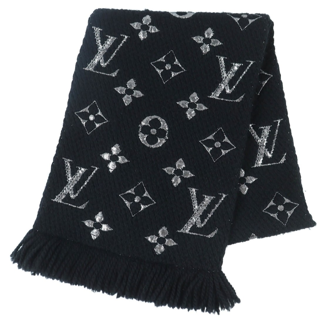LOUIS VUITTON Louis Vuitton 2018 M75833 Echarpe Logomania Shine Wool Silk Monogram Fringe Scarf Noir (1 of 15)
