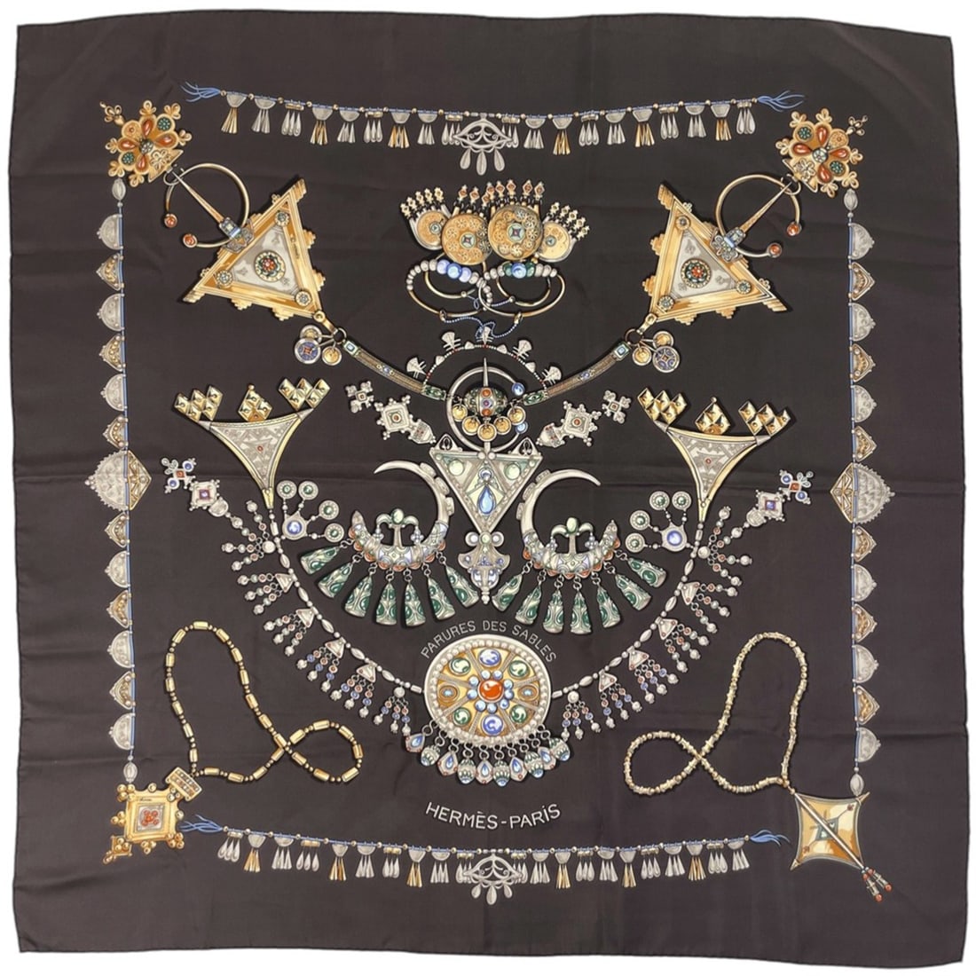 Hermes Carre 90 Parures des Sables (Desert Accessories) Silk Scarf/Muffler, Brown Multicolor,: --- Catalog ---Category: SizeSize (LxW): 89cm x 87.5cm / 35.03'' x 34.44''Category: DesignType: ScarfColor: Brown, Multi-colorGender: WomenMaterial: Silk Category: GeneralBrand: Hermes--- Item List --