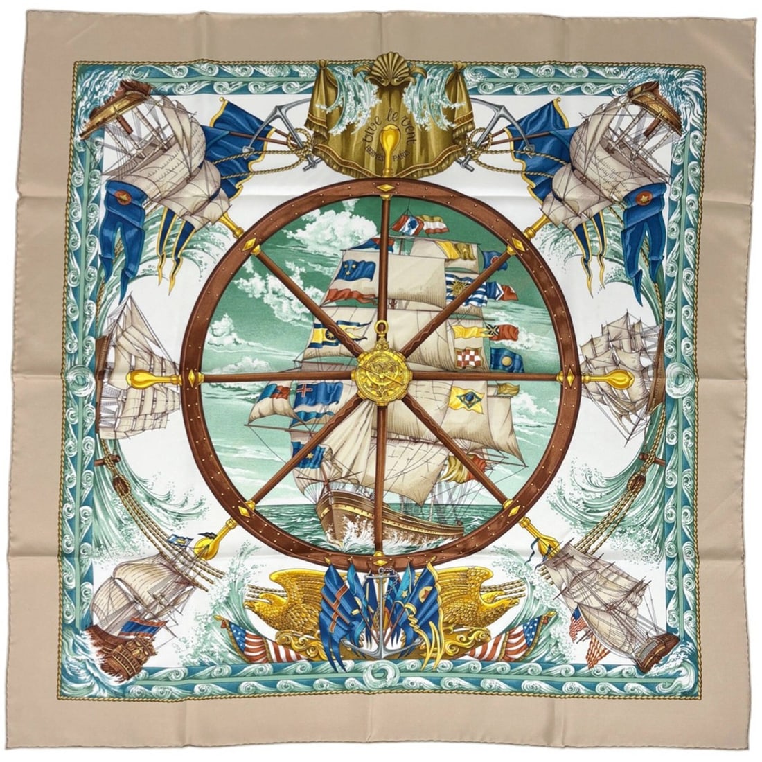 Hermes Carre 90 "Vive le vent" (Let the Wind Blow) Ship Scarf/Muffler, Silk, Beige, Multicolor,: --- Catalog ---Category: SizeSize (LxW): 89cm x 88cm / 35.03'' x 34.64''Category: DesignType: ScarfColor: Beige, Multi-colorGender: WomenMaterial: Silk Category: GeneralBrand: Hermes--- Item List ---S