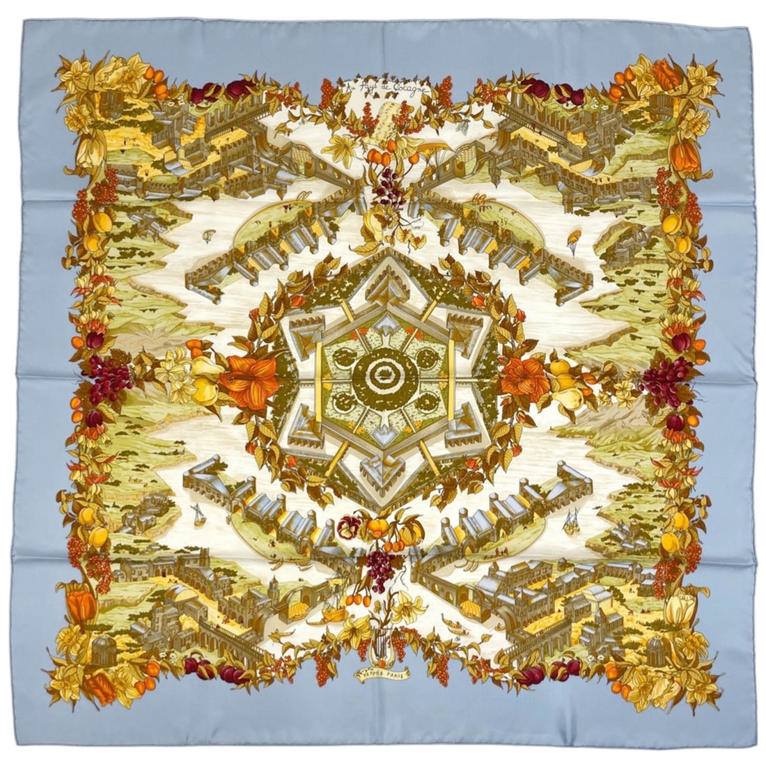 Hermes Carre 90 "Au Pays de Cocagne" (In Paradise) Silk Scarf/Shawl, Blue Multicolor, Women's: --- Catalog ---Category: SizeSize (LxW): 88.5cm x 89cm / 34.84'' x 35.03''Category: DesignType: ScarfColor: Blue, Multi-colorGender: WomenMaterial: Silk Category: GeneralBrand: Hermes--- Item List ---
