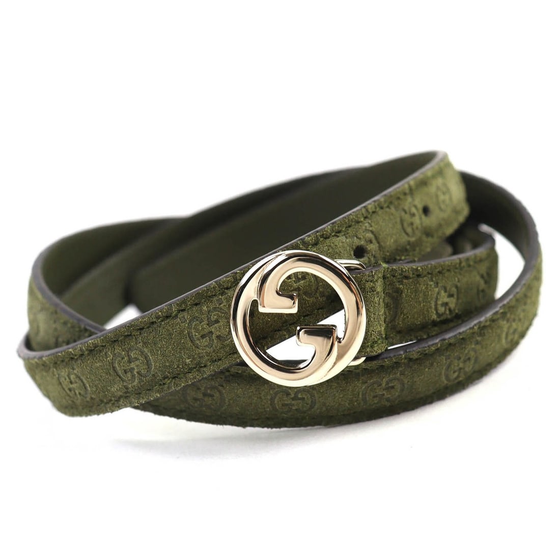 GUCCI 768431 Interlocking G Buckle GG Pattern Suede Leather Narrow Belt 75/30 Khaki with Dust Bag (1 of 13)