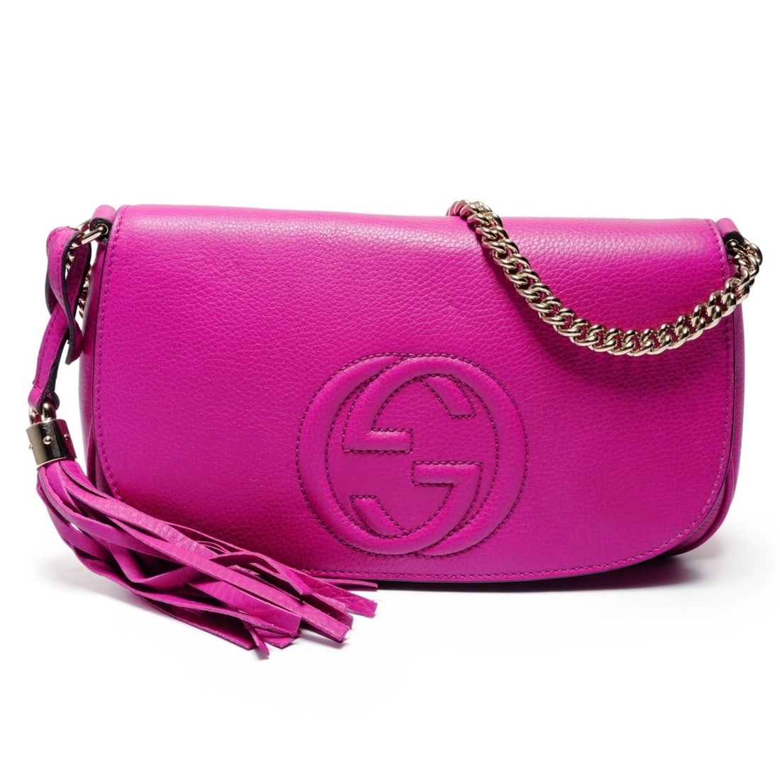 Gucci Soho G-stitch fringe shoulder bag, pink: --- Catalog ---Category: SizeSize (HxWxD): 16cm x 27cm x 5cm / 6.29'' x 10.62'' x 1.96''Strap Length: 112cm / 44.09''Category: DesignType: Shoulder bagColor: PinkGender: WomenCategory: GeneralLine: So