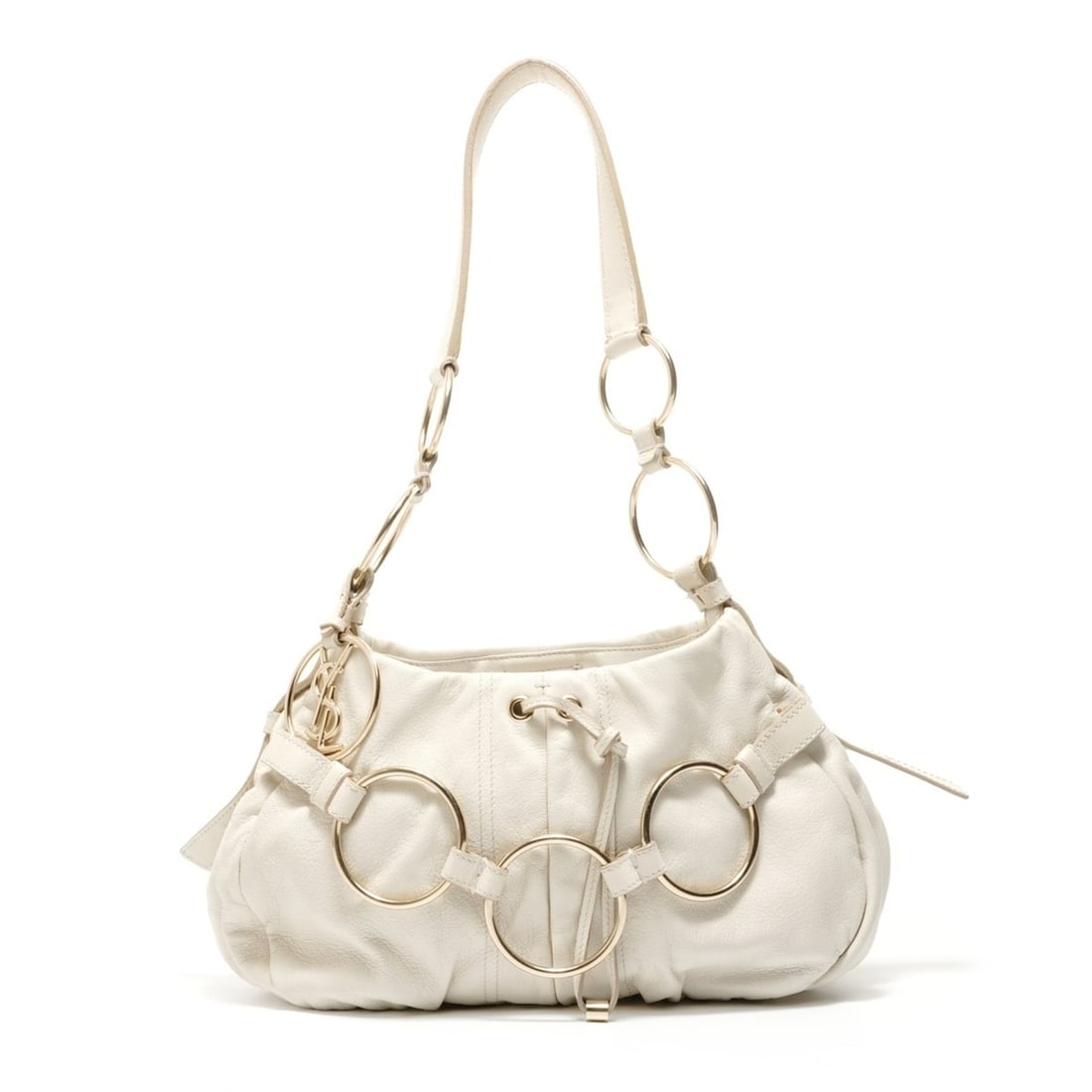 Yves Saint Laurent Saharienne Leather Shoulder Bag with YSL Logo Charm, White (1 of 14)