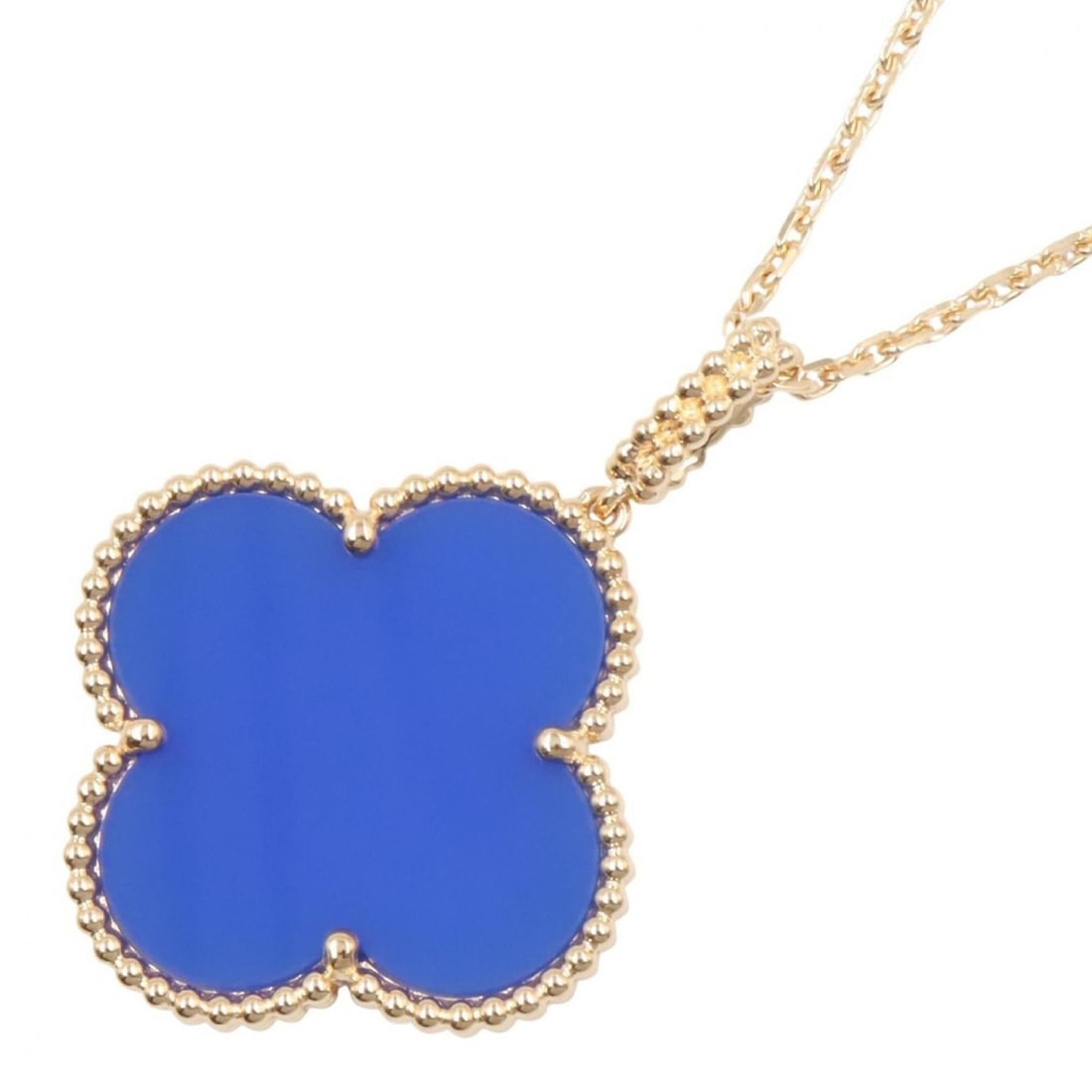 Van Cleef & Arpels Magic Alhambra Blue Agate Necklace, 18K (Yellow Gold), Agate, Women's, Gold/Blue: --- Catalog ---Category: SizePendant Size: 27mm x 27mm / 1.06'' x 1.06''Neck Circumference: 74.5 cm - 90.5 cm / 29.33'' - 35.62''Category: DesignColor: Blue, GoldGender: WomenMaterial: Yellow gold (18