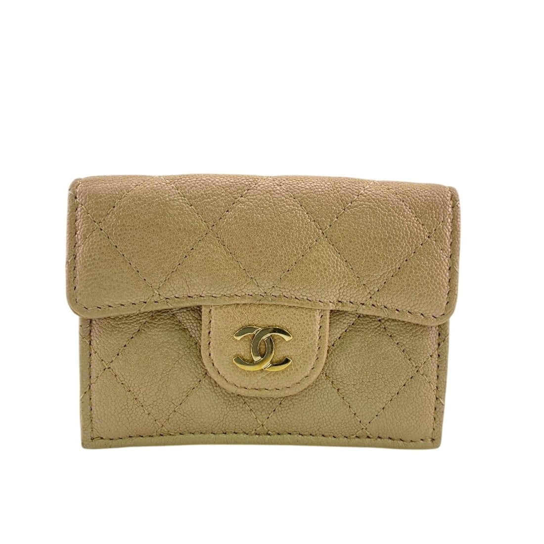 CHANEL Compact Wallet Matelassé Caviar Leather Tri-fold Beige (1 of 14)