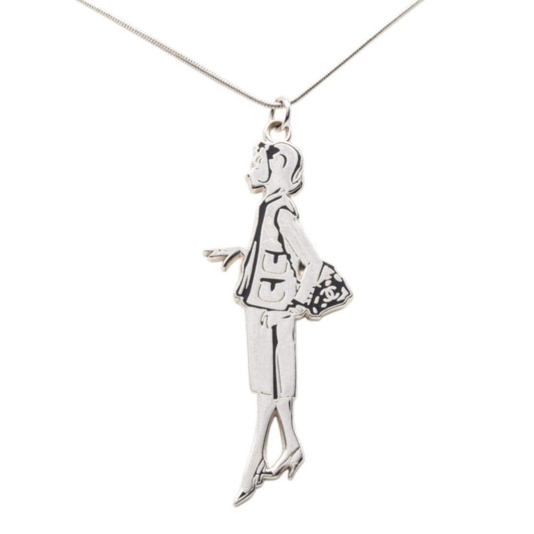 Chanel Mademoiselle Necklace, Silver and Black Metal, Women's CHANEL: --- Catalog ---Category: SizePendant Size: 77mm x 31.2mm / 3.03'' x 1.22''Neck Circumference: 74 cm / 29.13''Category: DesignColor: Black, SilverGender: WomenMaterial: MetalNecklace Type: NecklaceCate