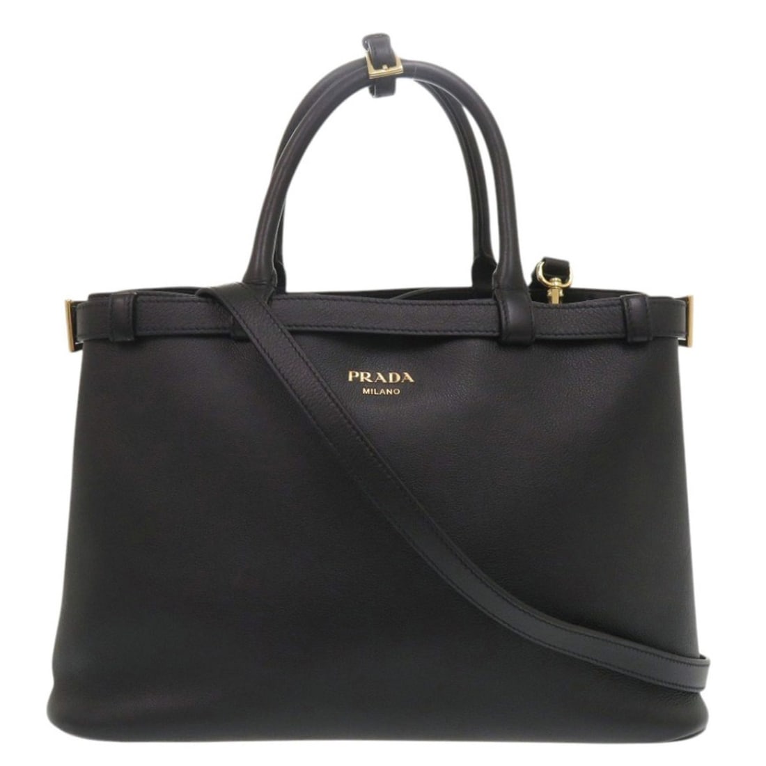 Like New Prada Double Belt Medium 1BA417 Soft Grain Leather Black 2-Way Handbag 1821PRADA (1 of 13)