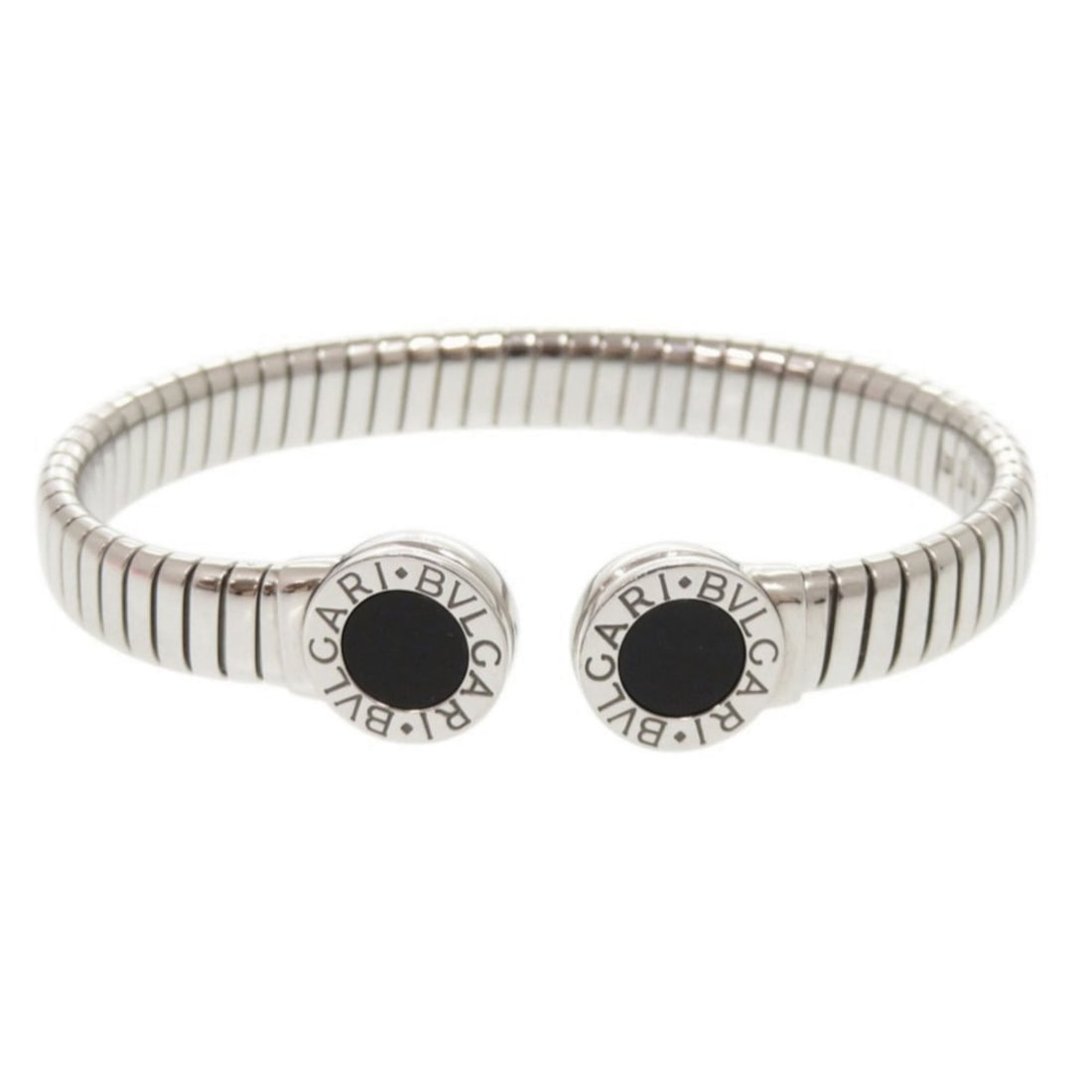 Excellent condition Bulgari Tubogas #M Stainless Steel Onyx Silver Bangle Bracelet Jewelry: --- Catalog ---Category: DesignType: BangleColor: SilverGender: WomenMaterial: Stainless steelCategory: GeneralBrand: BvlgariCountry of Origin: Italy--- Item List ---Section: ConditionRanking: Rank AB
