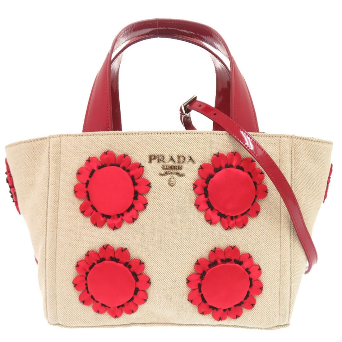 Excellent condition Prada logo flower motif canvas patent leather natural red 2-way handbag/shoulder (1 of 15)