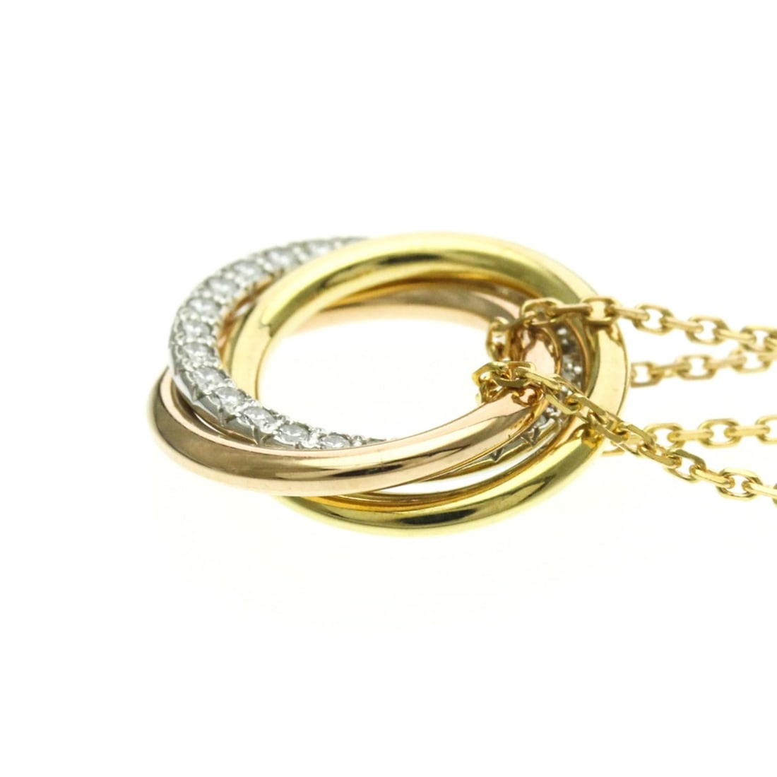 Cartier Trinity Diamond Bracelet Yellow Gold (18K),Pink Gold (18K),White Gold (18K) Diamond Charm: --- Catalog ---Category: SizeLength: 16cm - 20.5cm / 6.29'' - 8.07''Weight: 4.2g / 0.14oz.Stone Size (HxW): 15cm x 15cm / 5.9'' x 5.9''Category: DesignType: Charm braceletColor: GoldMetal: Gold, White