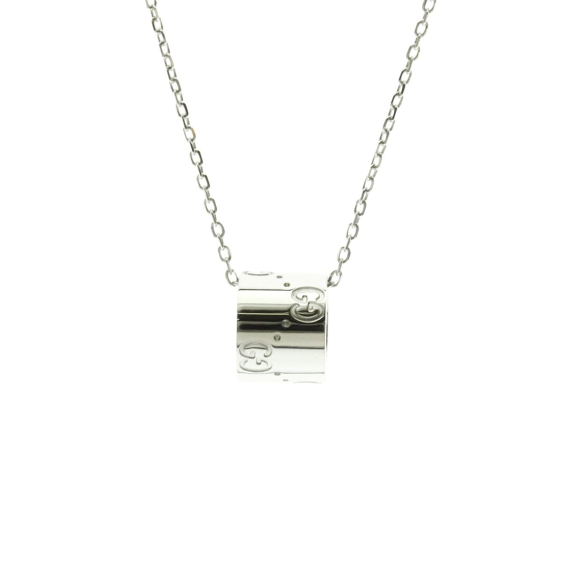 Gucci Icon Necklace White Gold (18K) No Stone Men,Women Fashion Pendant Necklace (Silver): --- Catalog ---Category: SizeWeight: 7.2g / 0.25oz.Pendant Size: 11.5mm x 9mm / 0.45'' x 0.35''Neck Circumference: 38 cm - 40 cm / 14.96'' - 15.74''Category: DesignColor: SilverMetal: White GoldStone: