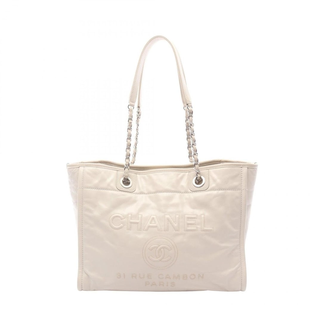 Chanel Deauville Tote Bag Handbag Leather Women's White A67001: --- Catalog ---Category: SizeSize (HxWxD): 26cm x 35cm x 14cm / 10.23'' x 13.77'' x 5.51''Strap Length: 65cm / 25.59''Category: DesignType: Handbag, Tote bagColor: WhiteGender: WomenMaterial: Leather