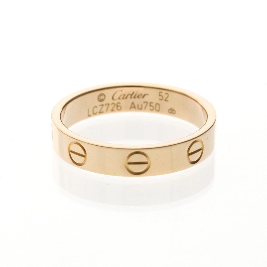 Cartier Mini Love Ring Pink Gold (18K) Fashion No Stone Band Ring Pink Gold: --- Catalog ---Category: SizeWidth: 3.5mm / 0.14''Weight: 3.3g / 0.11oz.JP Size: 12US Size: 6Brand Size: 52Category: DesignType: Band ringColor: Pink goldMetal: GoldStone: No StoneStyle: