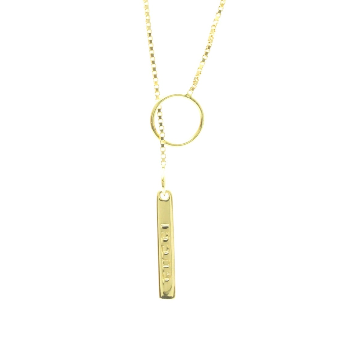 Gucci Lariat Necklace Yellow Gold (18K) No Stone Men,Women Fashion Pendant Necklace (Gold): --- Catalog ---Category: SizeWeight: 5.4g / 0.19oz.Pendant Size: 3.2mm x 19.7mm / 0.12'' x 0.77''Neck Circumference: 52 cm / 20.47''Category: DesignColor: GoldMetal: GoldStone: No StoneStyle: FashionG