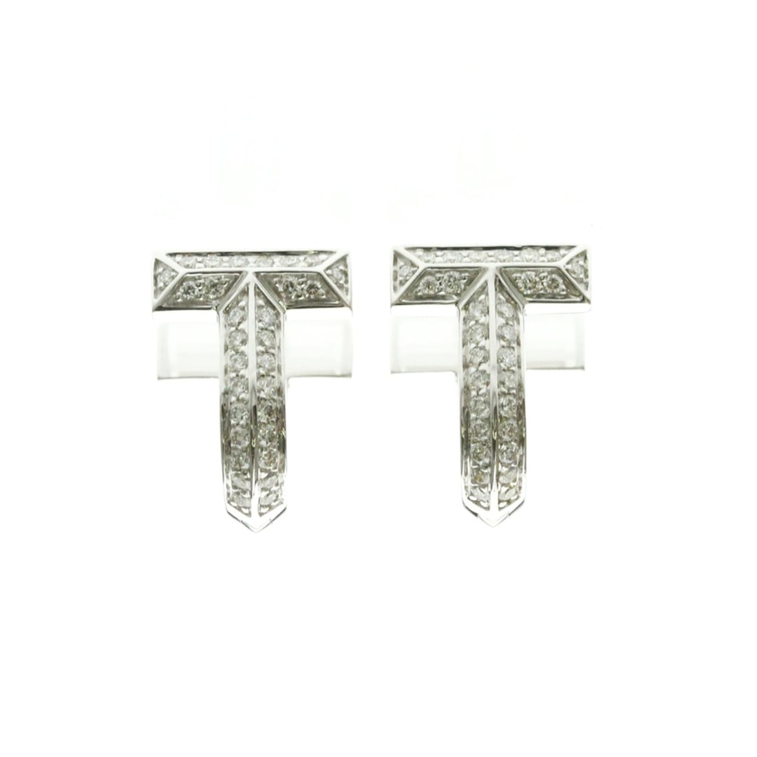 Tiffany Tiffany T T-shaped Single Earring With Diamond Diamond White Gold (18K) Hoop Earrings Silver: --- Catalog ---Category: SizeWeight: 7.5g / 0.26oz.Size (HxWxD): 13.20mm x 10.00mm / 0.52'' x 0.39''Category: DesignType: Hoop earringsColor: SilverMetal: White GoldStone: DiamondStyle: FashionGender: