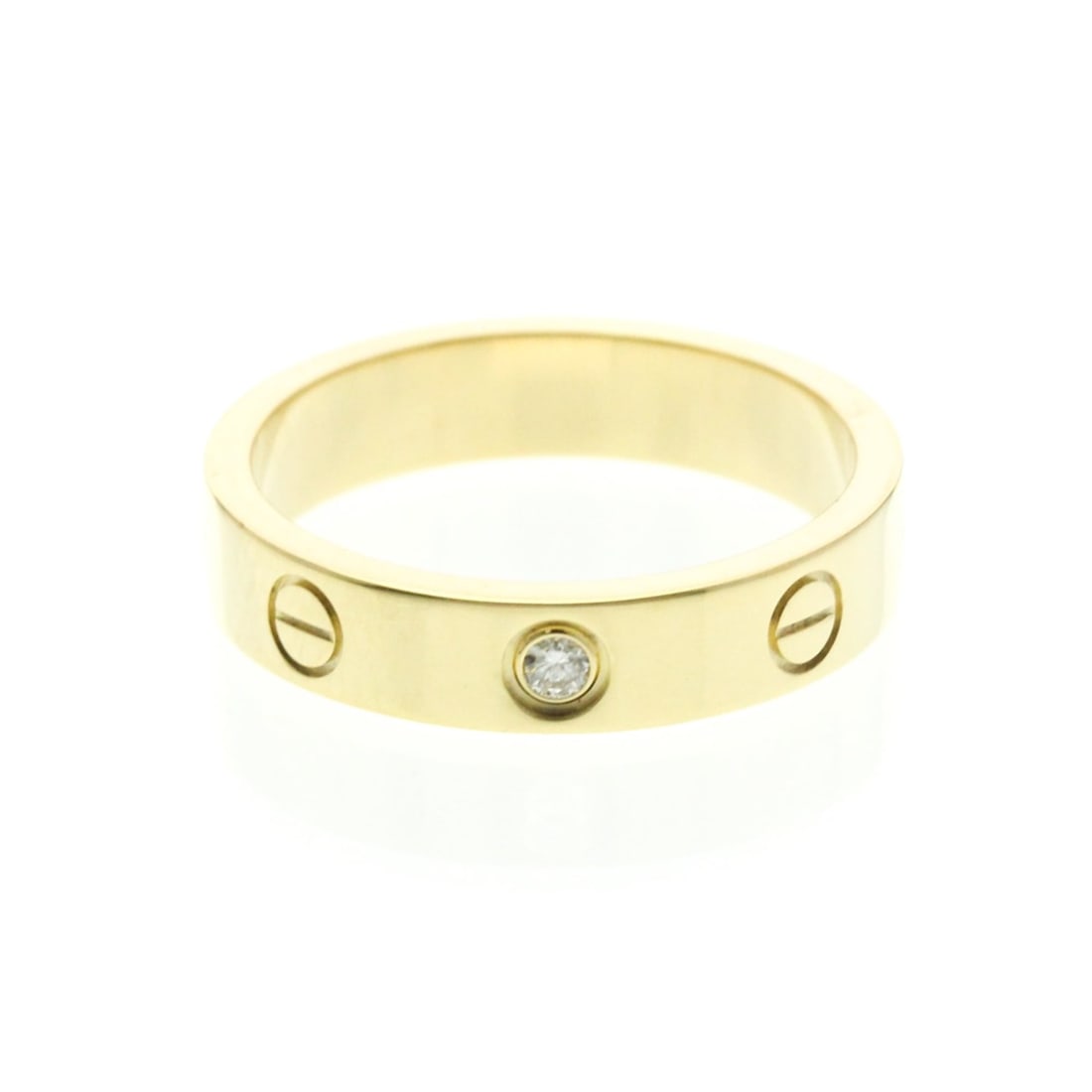 Cartier Mini Love Ring With 1 Diamond Yellow Gold (18K) Fashion Diamond Band Ring Gold: --- Catalog ---Category: SizeWidth: 3.8mm / 0.15''Weight: 4.5g / 0.15oz.JP Size: 11US Size: 5 3/4Brand Size: 51Category: DesignType: Band ringColor: GoldMetal: GoldStone: DiamondStyle: FashionGender: