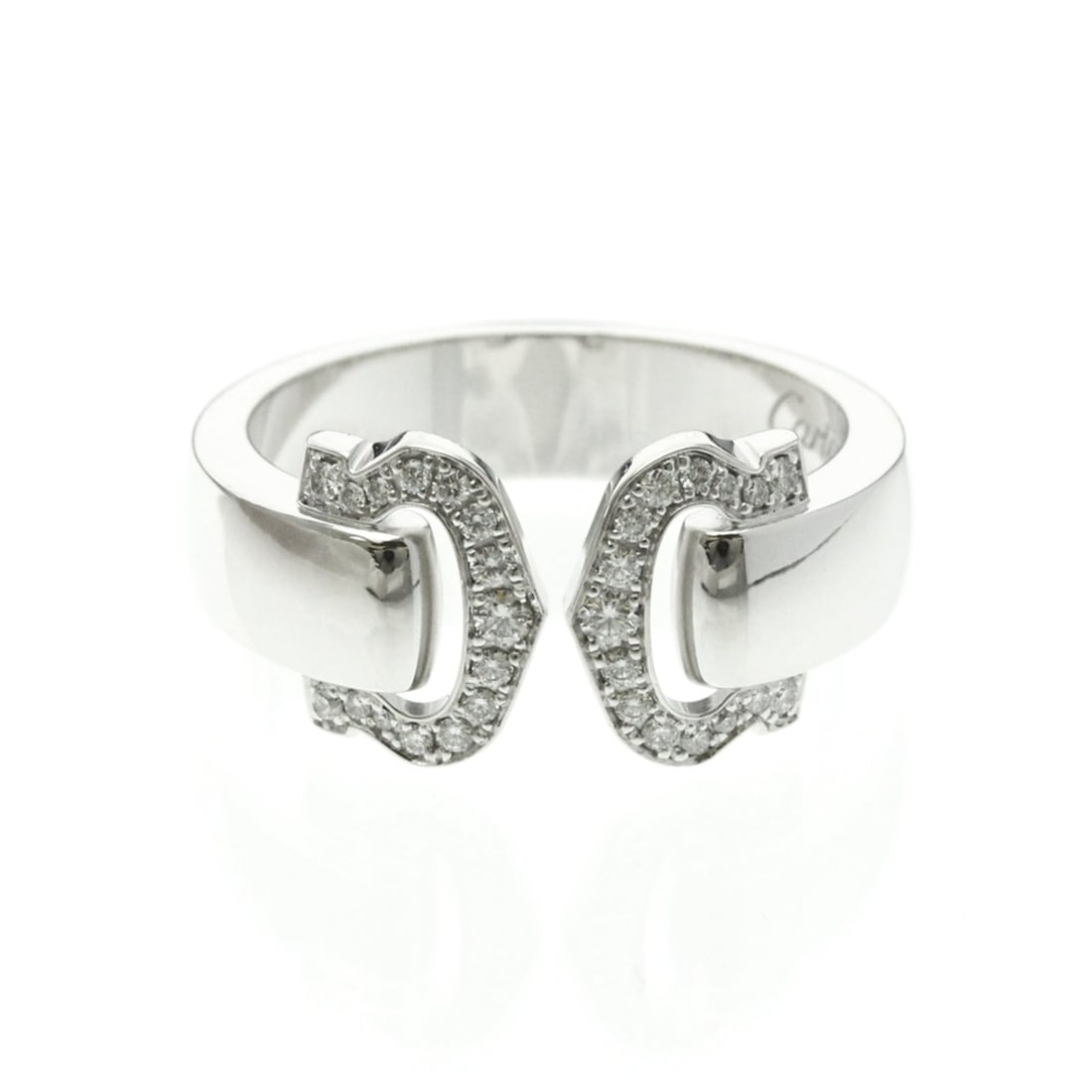 Cartier 2C Boucle Diamond Ring White Gold (18K) Fashion Diamond Band Ring Silver: --- Catalog ---Category: SizeWidth: 5mm / 0.2''Weight: 10.3g / 0.36oz.JP Size: 15US Size: 7 1/2Brand Size: 55Stone Size (HxW): 10.00mm x 14.70mm / 0.39'' x 0.58''Category: DesignType: Band ringColor: