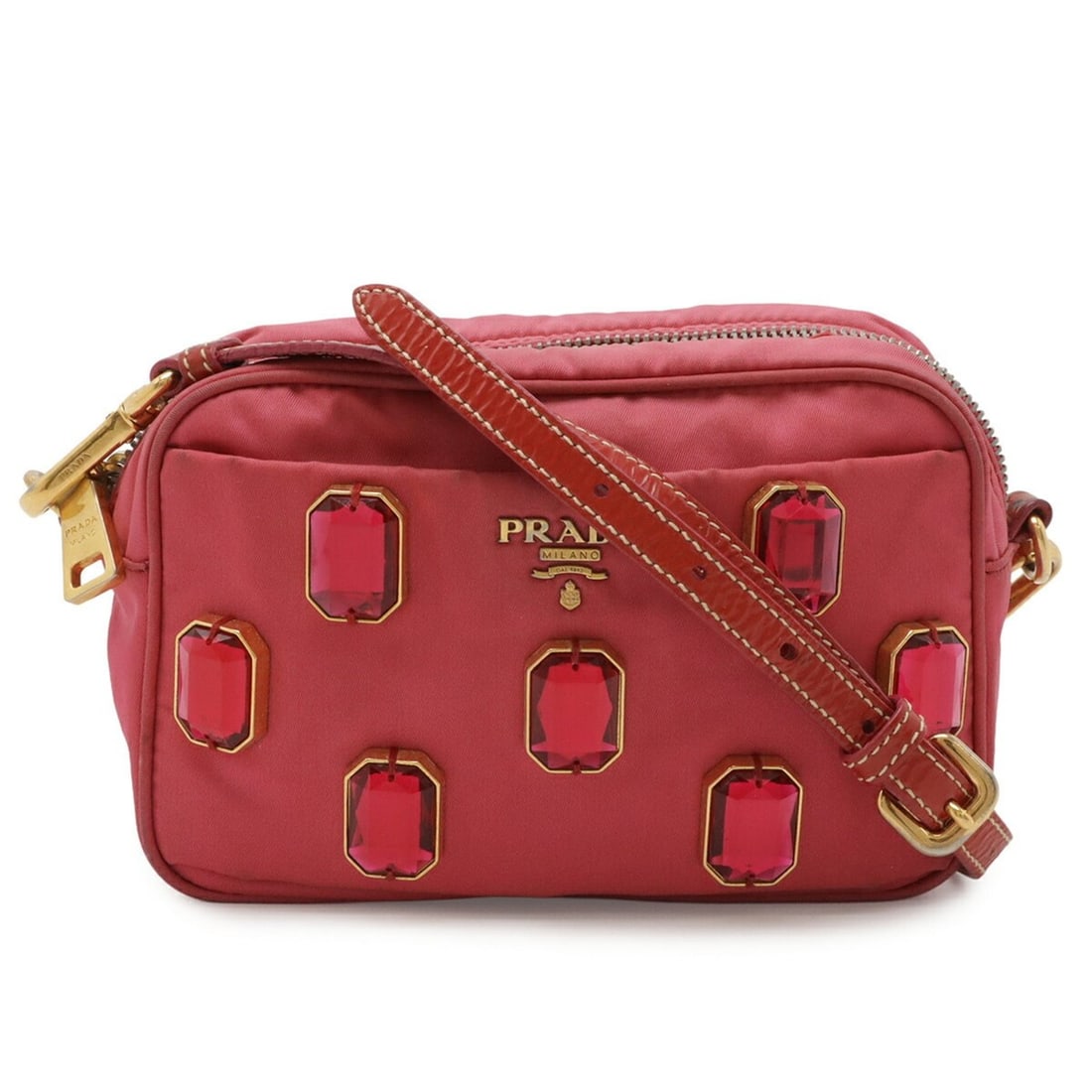 PRADA TESSUTO PIETRE Shoulder Bag, Pouch, Handbag, Clutch Nylon, Leather, Embellished, Pink, Red: --- Catalog ---Category: SizeSize (HxWxD): 12cm x 17.5cm x 6.5cm / 4.72'' x 6.88'' x 2.55''Category: DesignType: Clutch bag, Handbag, Pochette, Pouch, Shoulder bagColor: Pink redMaterial: Nylon , Leat