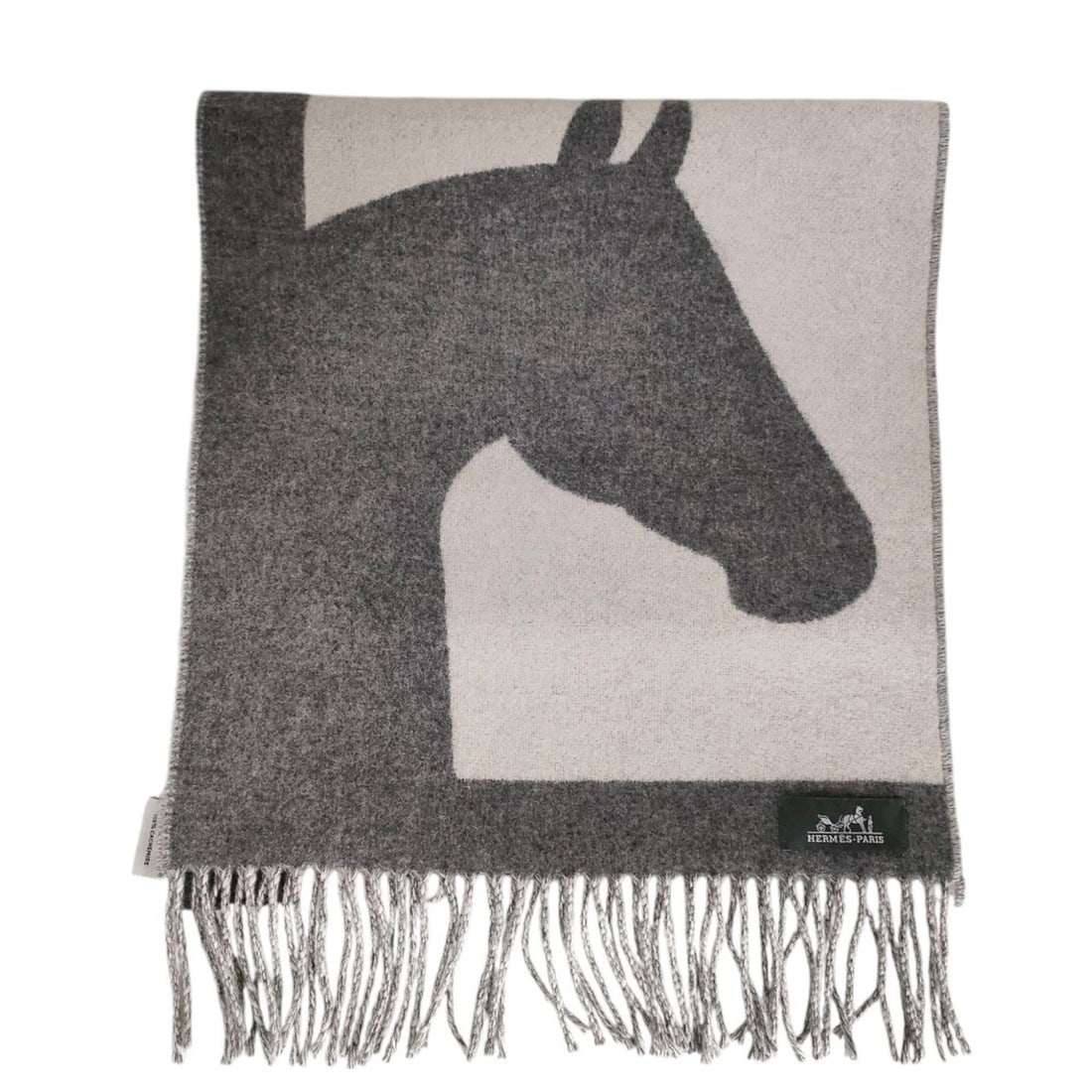 HERMES 100% Cashmere Love Story Horse Pattern Fringe Scarf (Gray/Off-White) - Men's & Women's: --- Catalog ---Category: DesignColor: Gray, Off-whiteGender: Men,Women,UnisexMaterial: Cashmere Category: GeneralLine: KaraBrand: Hermes--- Item List ---Section: ConditionRanking: Rank S Used - Mint