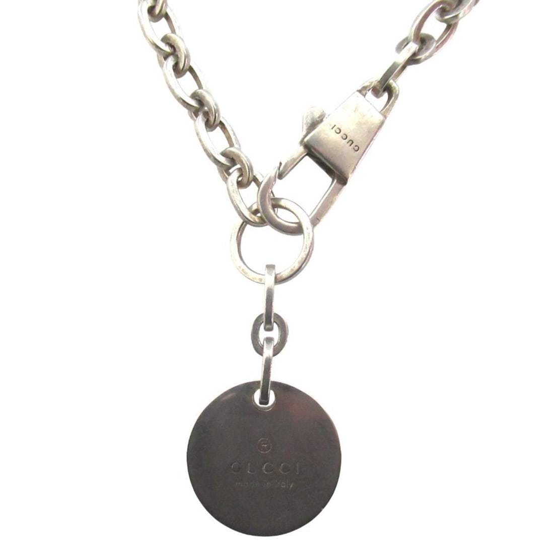 GUCCI Circle Logo Plate Chain Necklace, 925 Sterling Silver, Men's & Women's: --- Catalog ---Category: SizePendant Size: 50mm x 22mm / 1.96'' x 0.86''Neck Circumference: 42 cm / 16.53''Category: DesignColor: SilverGender: Men,WomenMaterial: Silver 925Necklace Type: NecklaceCate