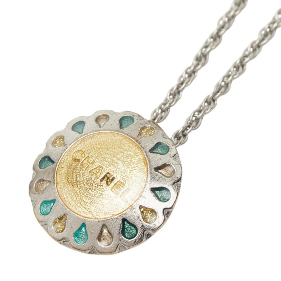 Chanel Vintage Logo Flower Motif Silver Green Yellow Metal Women's Watch CHANEL: --- Catalog ---Category: SizePendant Size: 18.6mm x 18.6mm / 0.73'' x 0.73''Neck Circumference: 41 cm / 16.14''Category: DesignColor: Green, Silver, YellowGender: WomenSeason: VintageMaterial: MetalNe