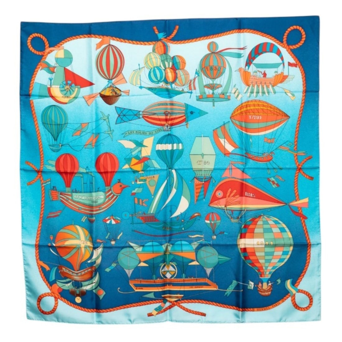 Hermes Carre 90 LES FOLIES DU CIEL (Madness of the Sky) Scarf/Muffler, Large Size, Blue Tones, Silk,: --- Catalog ---Category: SizeSize (LxW): 89cm x 89cm / 35.03'' x 35.03''Category: DesignType: ScarfColor: BlueGender: WomenMaterial: Silk Category: GeneralBrand: Hermes--- Item List ---Section: Condit