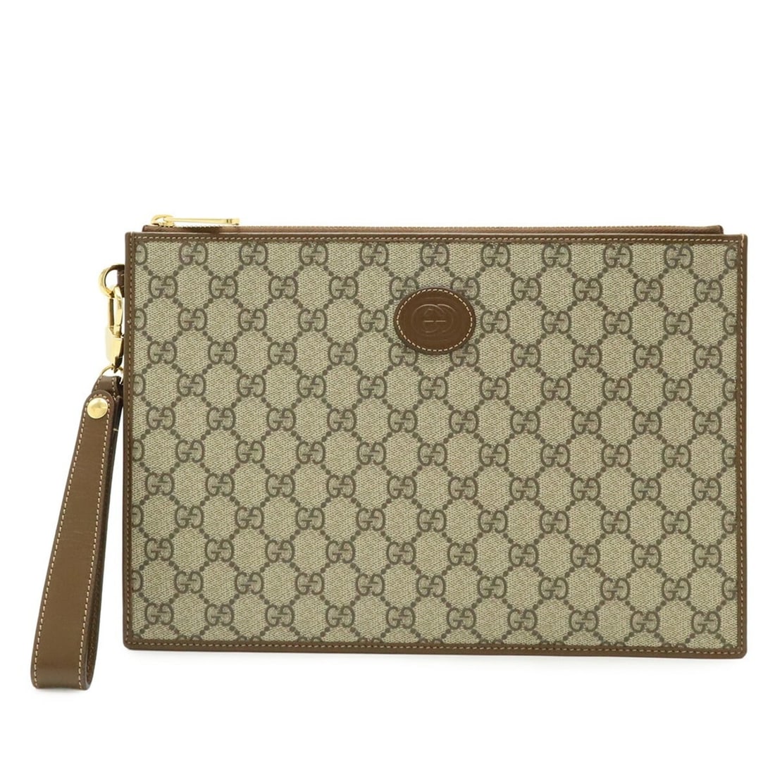 GUCCI Interlocking G GG Supreme Clutch Bag, Second Leather, Brown, 672953: --- Catalog ---Category: SizeSize (HxWxD): 21cm x 30.5cm / 8.26'' x 12''Category: DesignType: Clutch bagColor: Beige, Brown, KhakiMaterial: Coated canvas , PVC , Leather Category: GeneralBrand: Gucci-