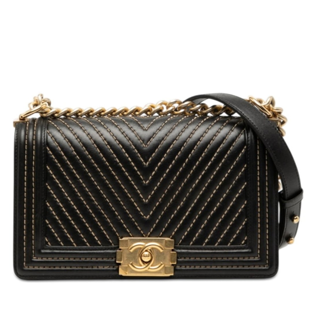 Chanel Coco Mark V-stitch Boy 25 Chain Shoulder Bag, Black Gold Lambskin, Women's CHANEL (1 of 13)