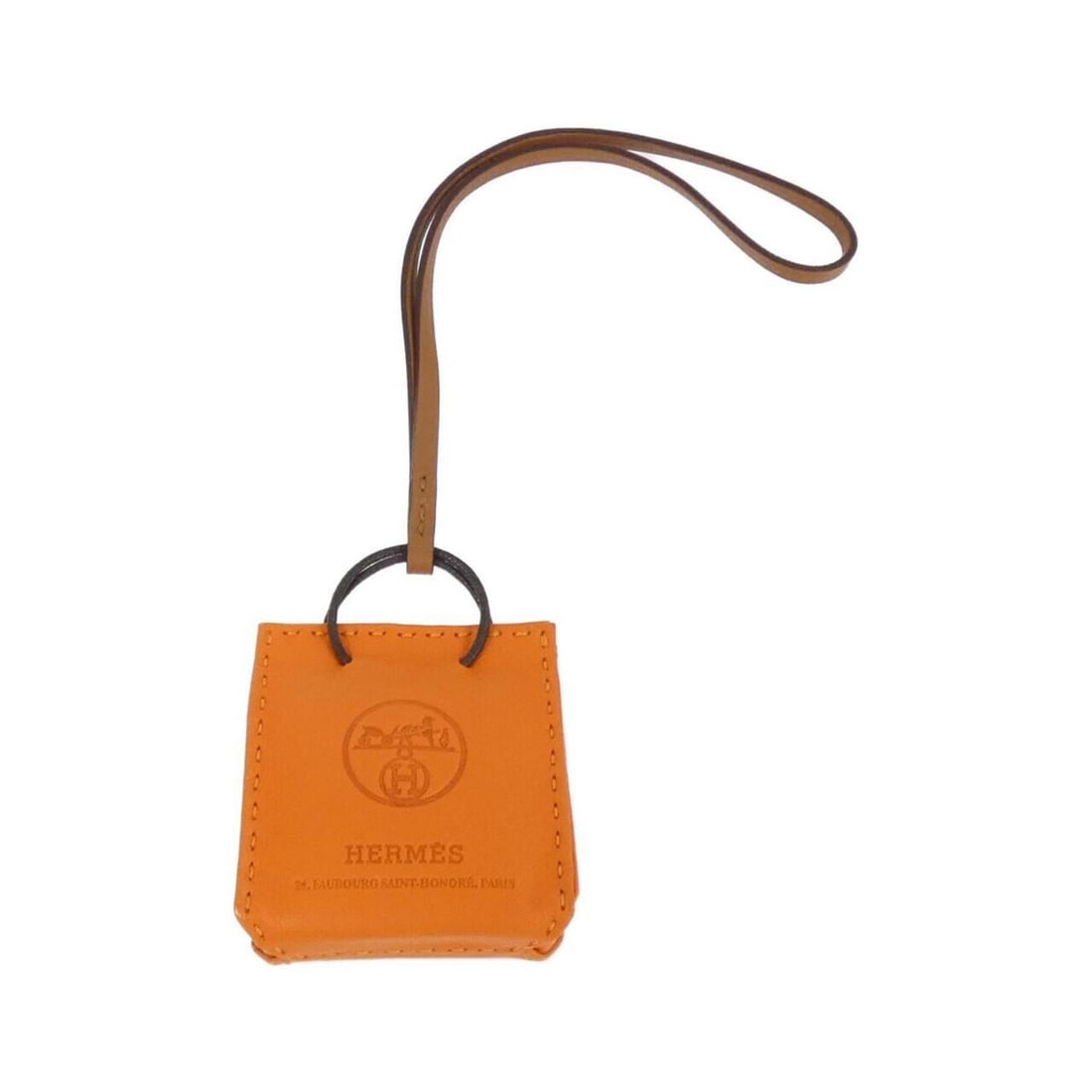 Hermes Sac Orange Accessory Bag Charm 079065CA: --- Catalog ---Category: SizeChain Length: 345.00mm / 13.58''Size (HxWxD): 75.00mm x 50.00mm / 2.95'' x 1.97''Category: DesignType: Handbag charmColor: OrangeGender: WomenMaterial: Agneau MiloCategory