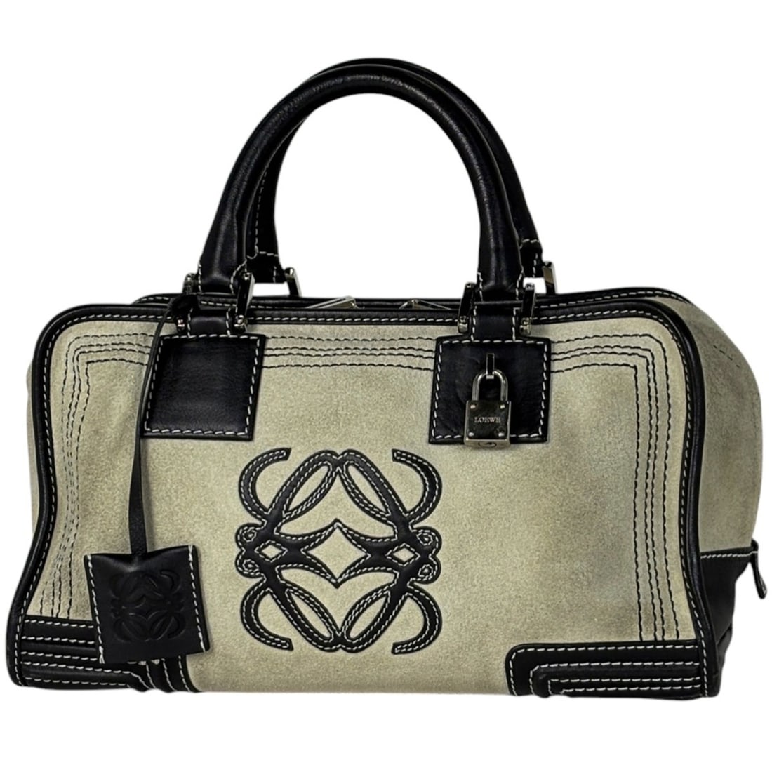 Loewe Amazona 28 Anagram Logo Handbag, Suede, Light Gray/Black, Women's: --- Catalog ---Category: SizeSize (HxWxD): 16cm x 29cm x 13cm / 6.29'' x 11.41'' x 5.11''Category: DesignType: HandbagColor: BlackGender: WomenMaterial: Suede , Leather Category: GeneralBrand: