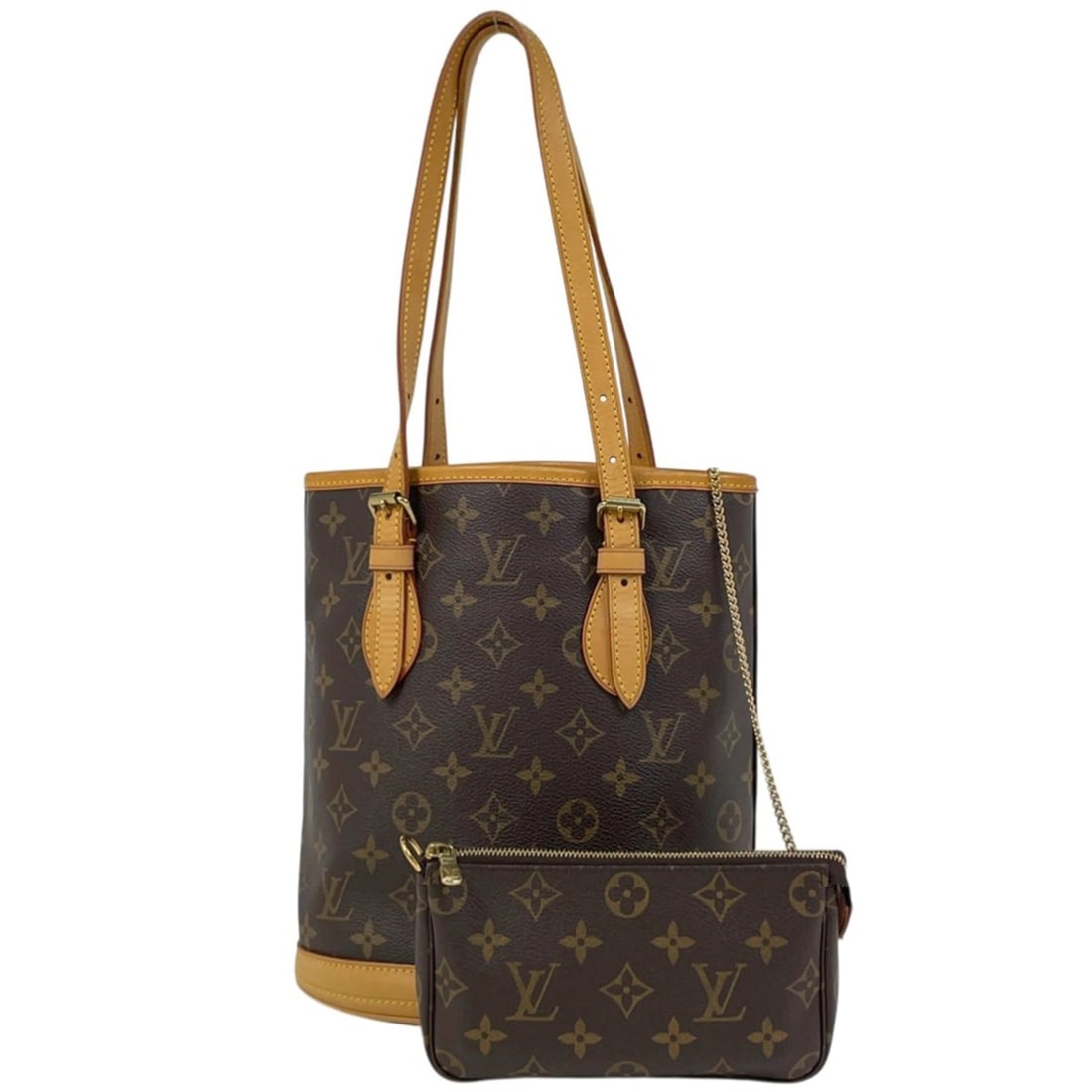Louis Vuitton Petite Bucket PM Shoulder Bag, Bucket-shaped Tote Monogram Brown, M42238, Women's: --- Catalog ---Category: SizeSize (HxWxD): 26cm x 23cm x 16cm / 10.23'' x 9.05'' x 6.29''Category: DesignType: Shoulder bag, Tote bagColor: BrownGender: WomenMaterial: Monogram Category: GeneralBrand: