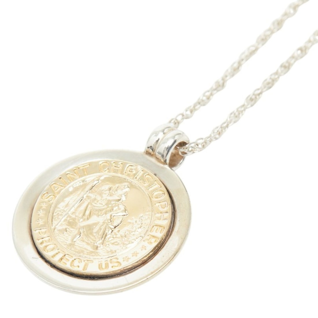 Tiffany & Co. St. Christopher Coin Pendant Necklace, Sterling Silver and 18K Yellow Gold (Chain is: --- Catalog ---Category: SizePendant Size: 29.8mm x 24.6mm / 1.17'' x 0.96''Neck Circumference: 47 cm / 18.5''Category: DesignGender: WomenMaterial: Sterling silver, Yellow gold (18K)Necklace Type: Pe