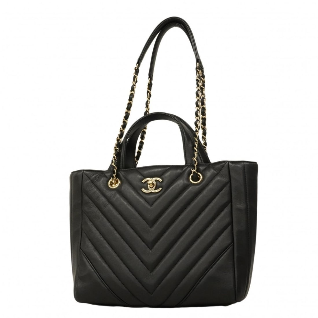 Chanel handbag, V-stitch chain shoulder bag, lambskin, black/champagne, 2-way bag for women.: --- Catalog ---Category: SizeSize (HxWxD): 23cm x 26cm x 10.5cm / 9.05'' x 10.23'' x 4.13''Category: DesignType: HandbagColor: BlackGender: WomenMaterial: Leather Hardware Color: Champagne goldLeather