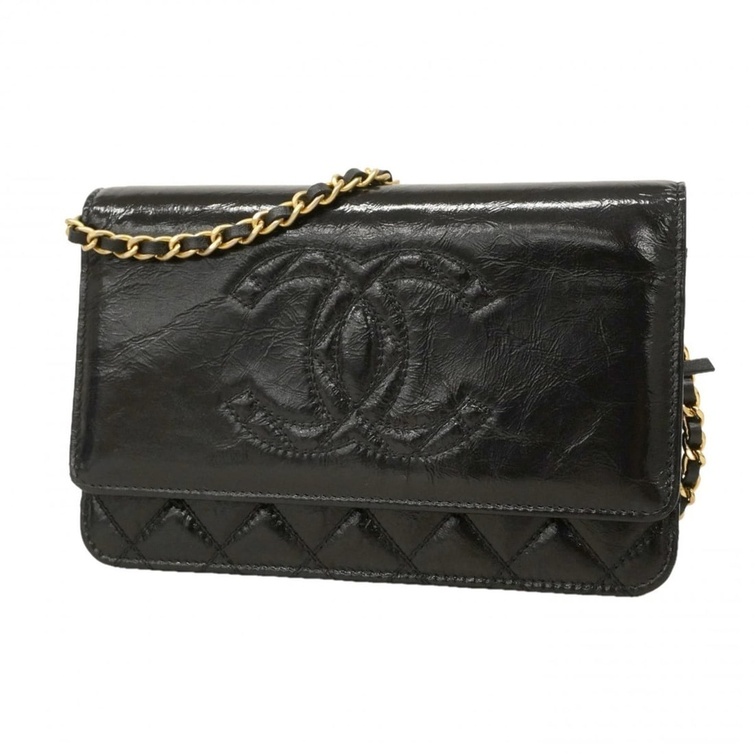 Chanel Matelassé Chain Shoulder Wallet, Patent Leather, Black, Women's (1 of 12)