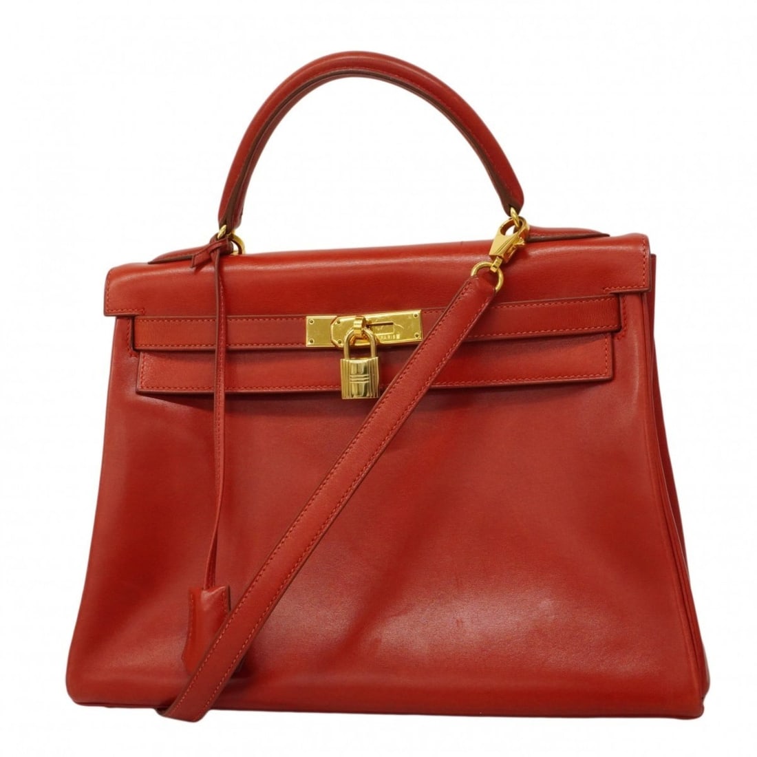 Hermes Kelly 32 Box Calf Leather Handbag, Rouge Vif, with "Z" stamp, 2-way bag for women. (1 of 18)