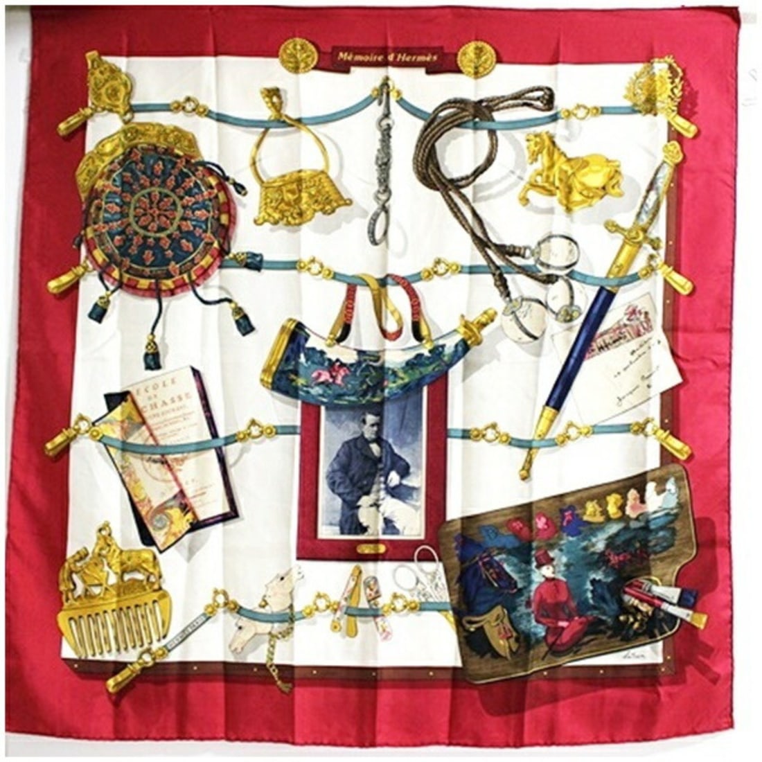 Hermes Silk Scarf Muffler Carre 90 Memorie d' (Memories of Hermes) HERMES Women's: --- Catalog ---Category: DesignType: ScarfColor: Red color, WhiteGender: Men,WomenMaterial: Silk Category: GeneralBrand: Hermes--- Item List ---Section: ConditionRanking: Rank AB Used - Traces of usag