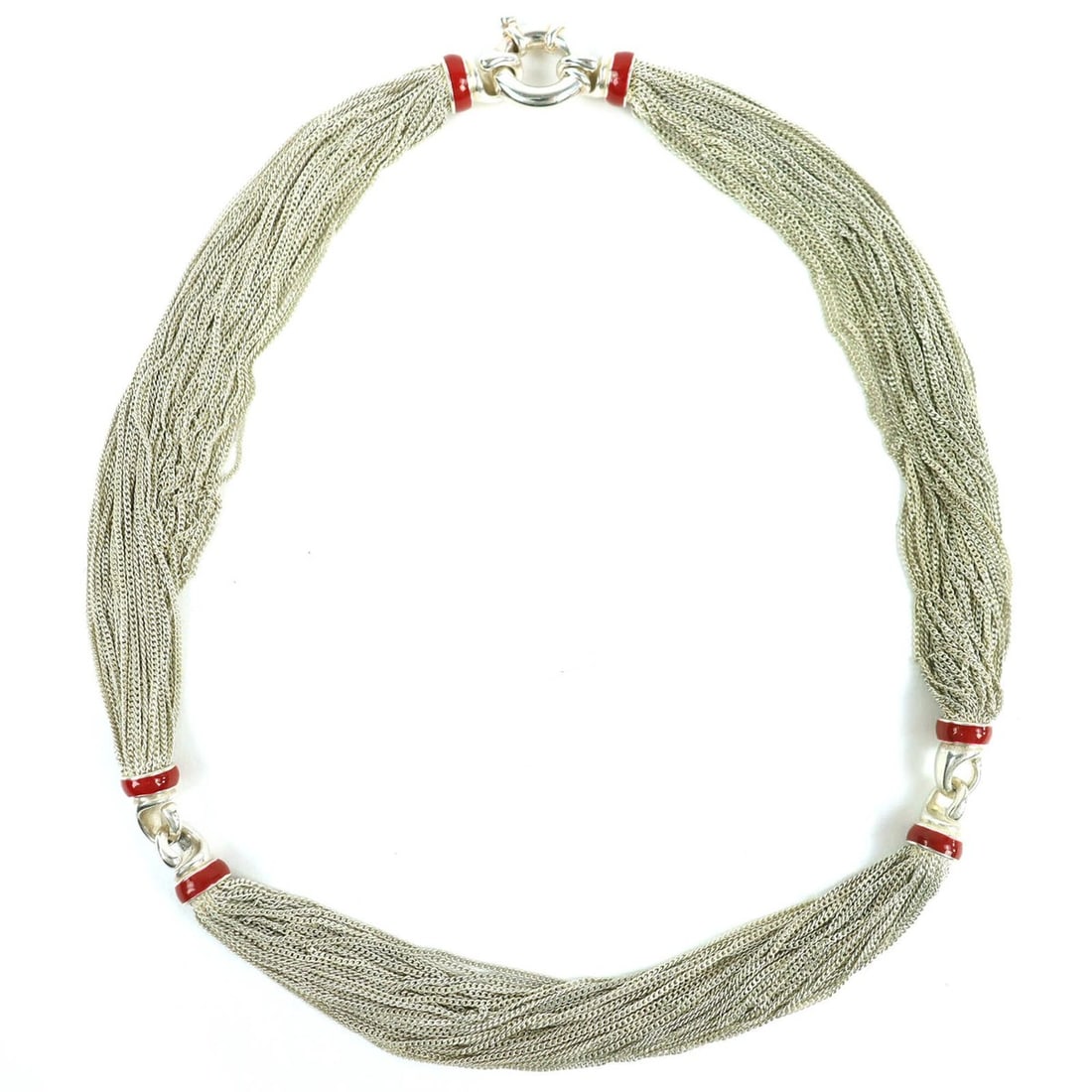 TIFFANY&Co. Tiffany Multi-Strand Necklace, 925 Sterling Silver, 43.5cm Length, Red, Made in Italy,: --- Catalog ---Category: SizeWidth: 8mm / 0.31''Weight: 60.2g / 2.12oz.Neck Circumference: 41 cm / 16.14''Category: DesignColor: Red color, SilverGender: WomenMaterial: Silver 925Necklace Type: Neckla