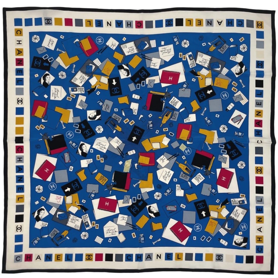 Chanel Coco Mark Scarf, Logo, Letter, Camellia, Silk Blue Multicolor, Women's: --- Catalog ---Category: SizeSize (LxW): 88cm x 87cm / 34.64'' x 34.25''Category: DesignColor: Blue, Multi-colorGender: WomenMaterial: Silk Category: GeneralBrand: Chanel--- Item List ---Section: Cond